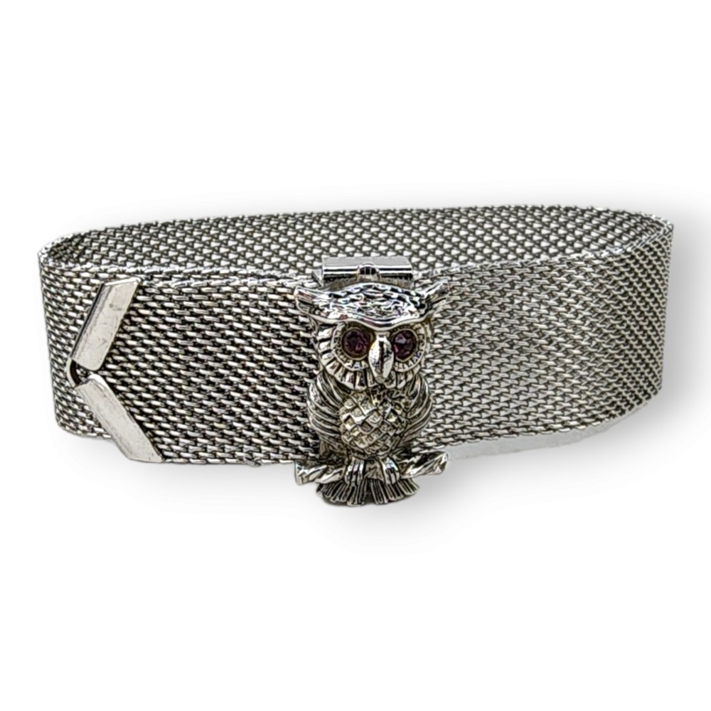 Sarah Coventry Bracelet Metal Mesh Silver Tone Vintage Purple Eye Owl Adjustable